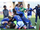 Joueuses du Stade de Reims lors d'un match clé pour le maintien en D1 Arkema
