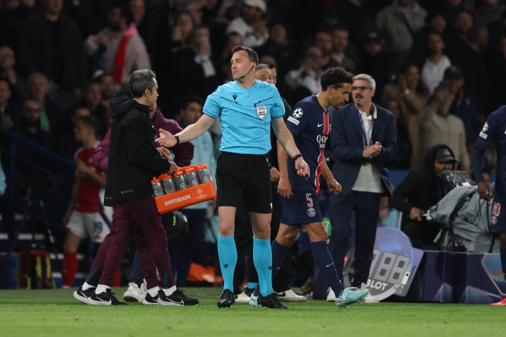 Vitinha takes a penalty for PSG against Arsenal in the Champions League semi-final