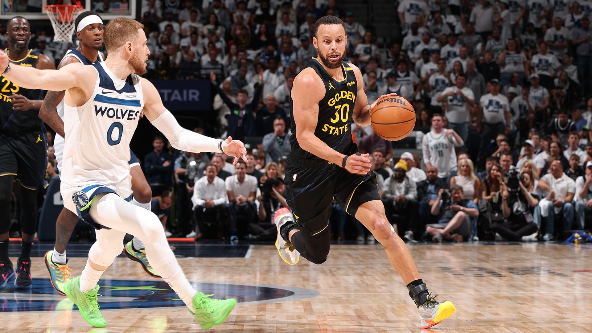Stephen Curry in action during the 2025 NBA playoffs