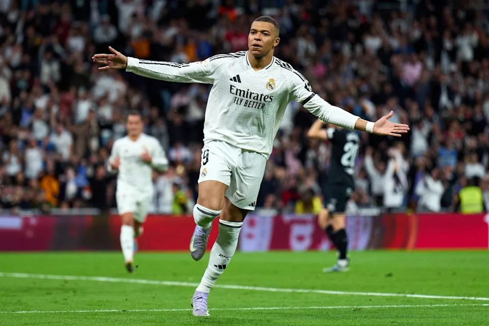 Kylian Mbappé celebrates a goal for Real Madrid