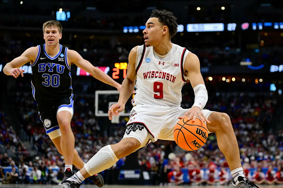 John Tonje NBA Draft 2025 prospect dribbling during NCAA tournament