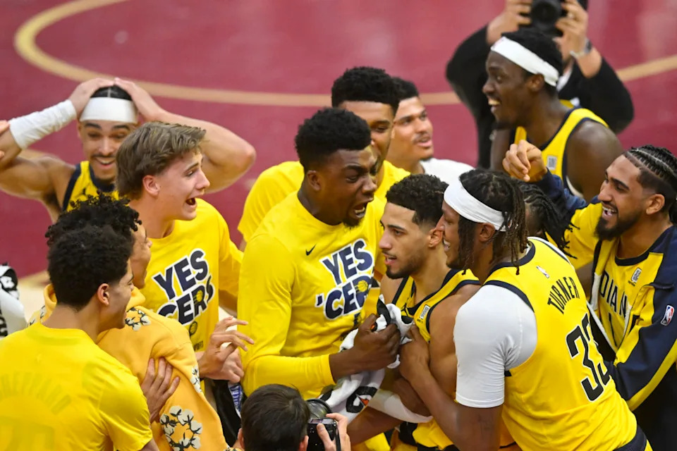 Tyrese Haliburton celebrating a win in cavaliers – pacers playoff series