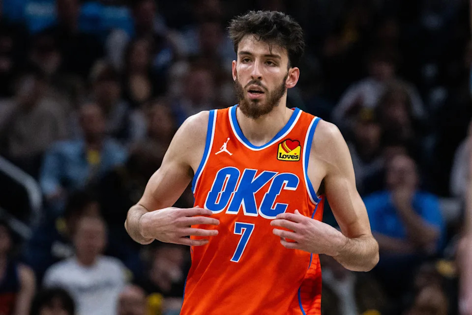 Chet Holmgren rises for a rebound in Thunder’s playoff victory