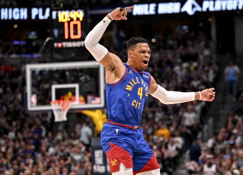 Russell Westbrook celebrates a steal against the Thunder, critical in the Nuggets' playoff hopes