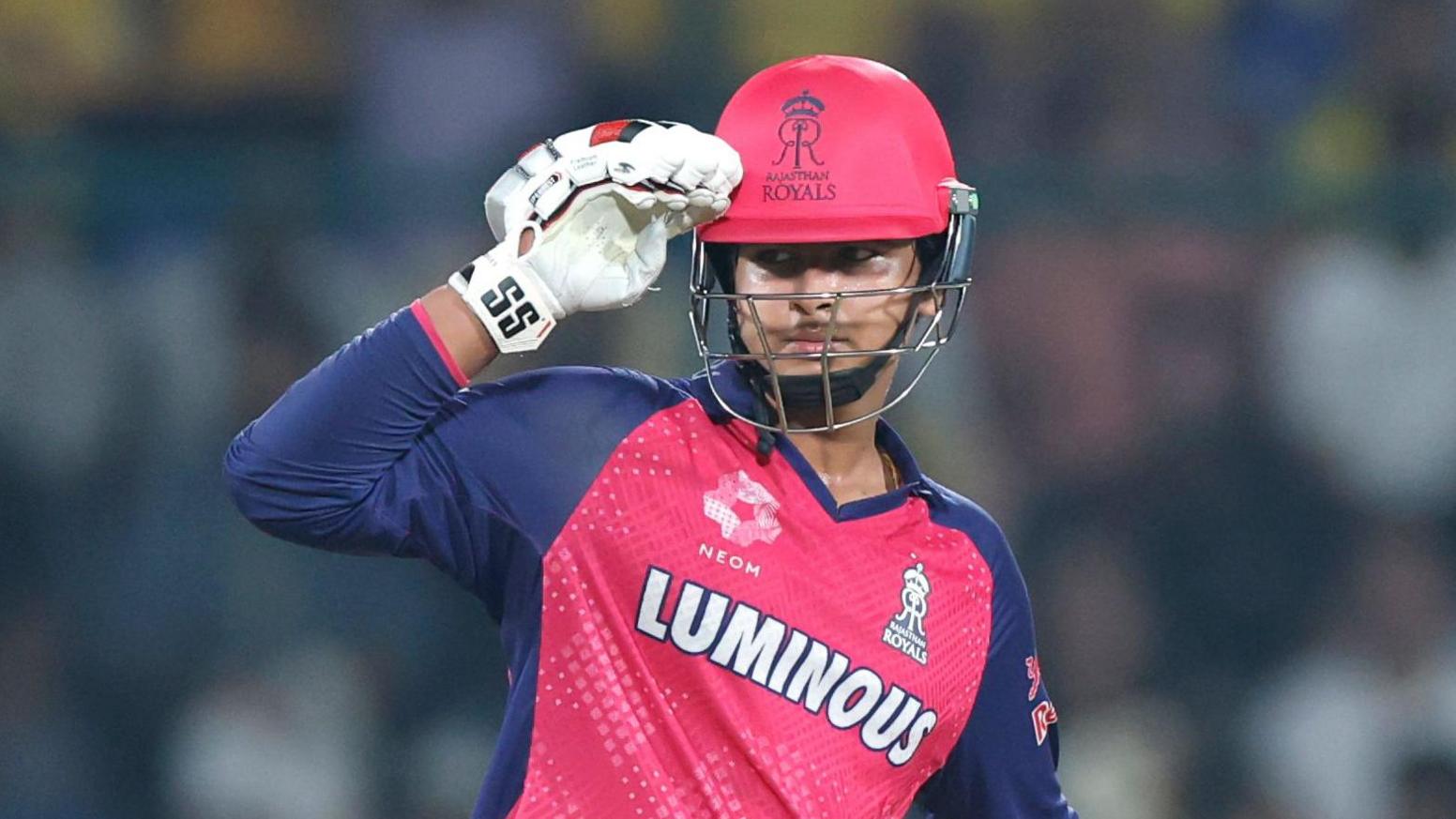 CSK vs RR: Vaibhav Suryavanshi raises his bat after a match-winning fifty