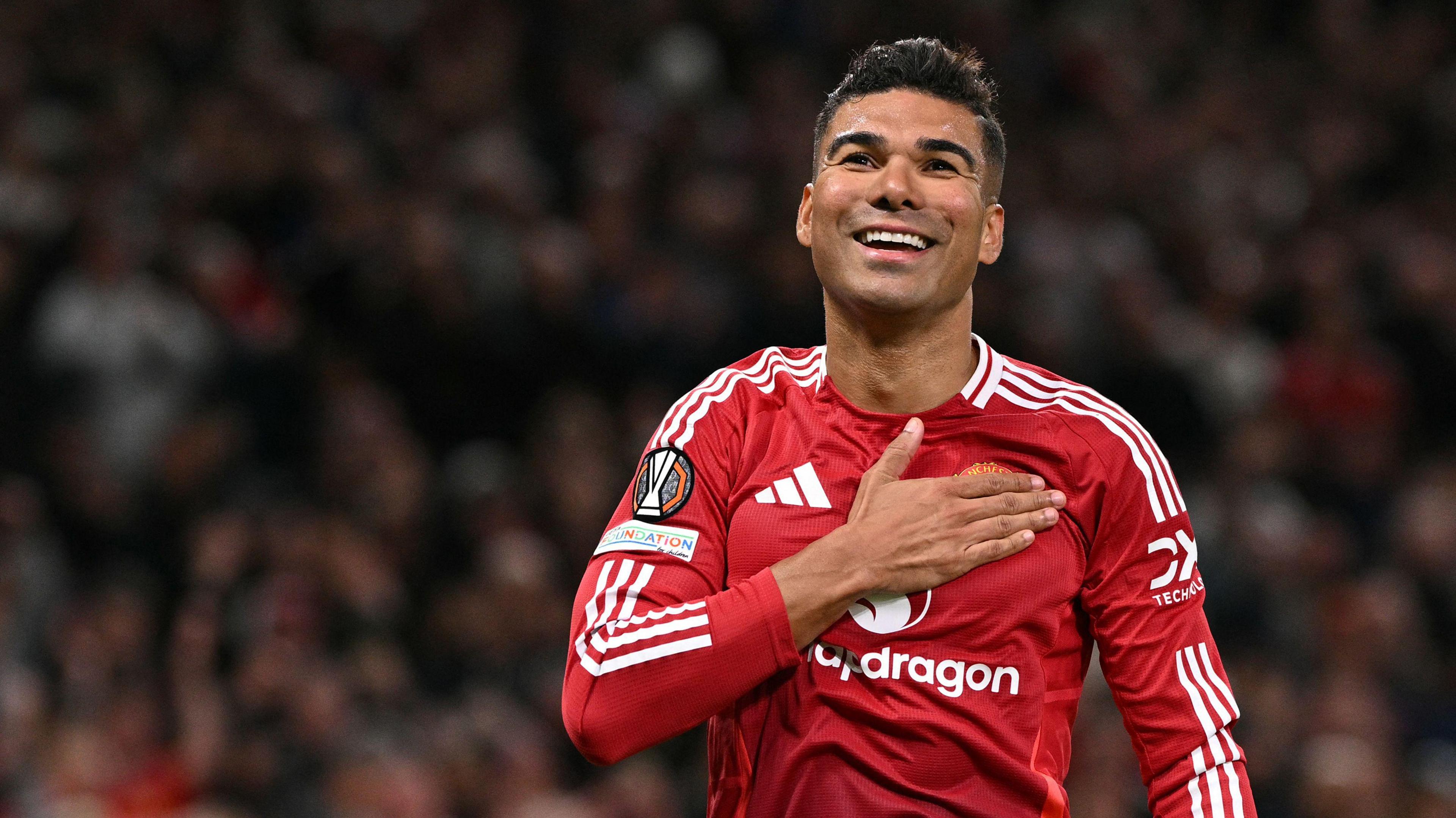 Casemiro celebrates during a Manchester United match in the Europa League